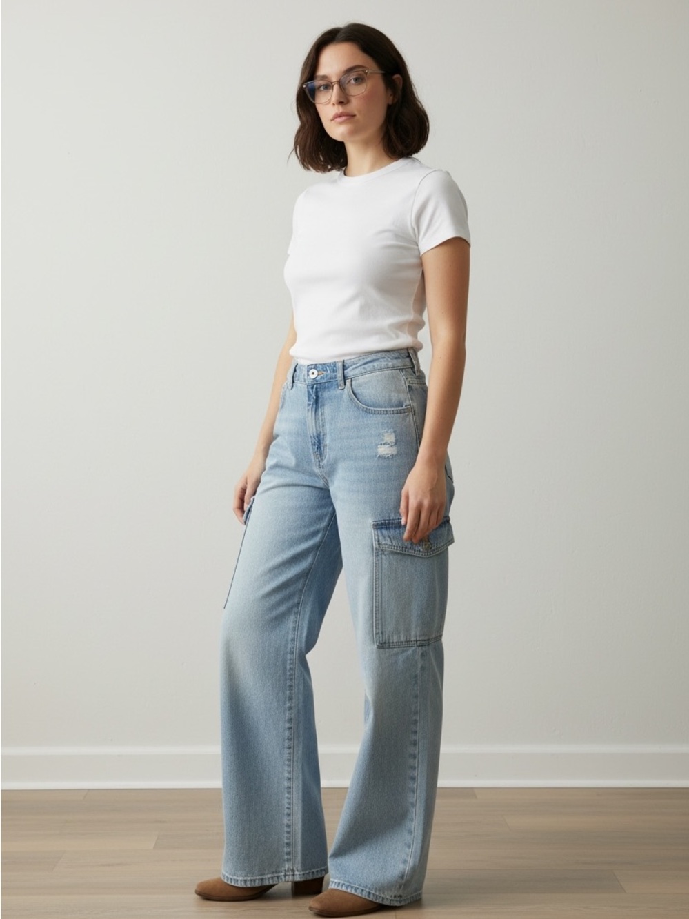 Indigo Rein Light Blue Wide-Leg Cargo Jeans